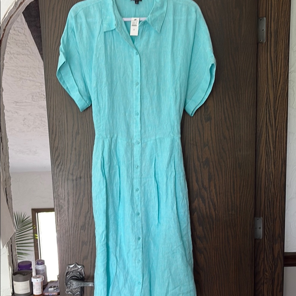Talbots Aqua Button-Up Midi Dress! NWT, belt included!
